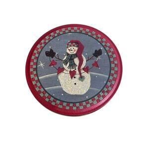 Vtg Santas Workbench Crackled Snowman Round Tin 1996 Xmas Folk Art Hearts Prim